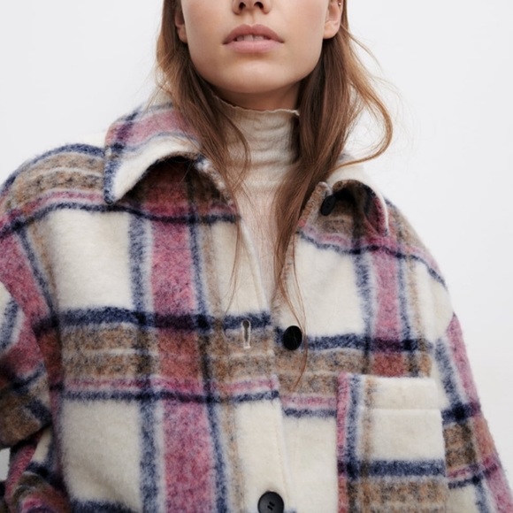 ZARA CREAM/PINK WOOL BLEND SHACKET NWOT! MEDIUM - Picture 3 of 9